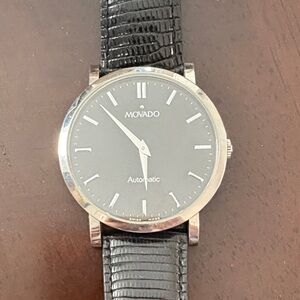 Movado Silver and Black Leather Watch